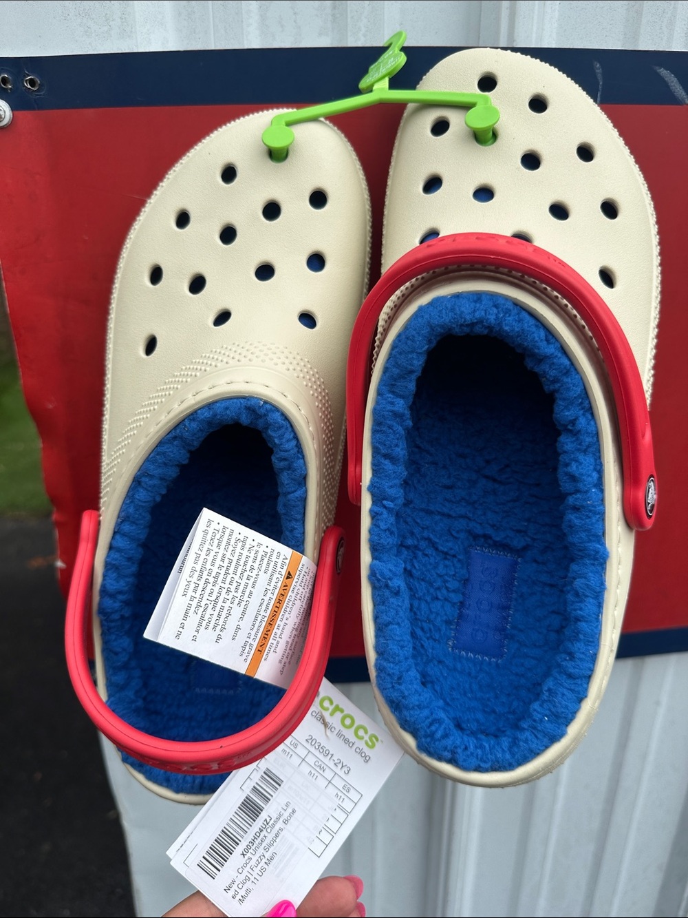 CROCS Cream Clogs with Blue Fleece and Red Strap